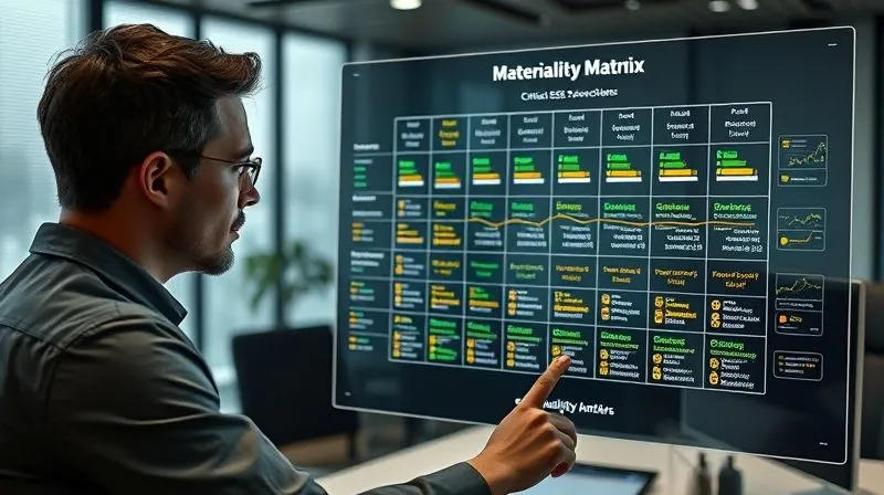 A photorealistic, professional photography, 8K, cinematic lighting, sharp focus, depth of field, shot on a high-end DSLR, depicting a sophisticated data analyst examining a materiality matrix on a transparent screen. The matrix highlights critical ESG factors for different industries, with glowing lines connecting them to financial performance indicators. The background is a modern, minimalist office space, conveying precision and strategic insight.