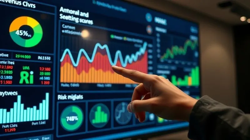 A photorealistic, professional photography, 8K, cinematic lighting, sharp focus, depth of field, shot on a high-end DSLR, depicting a financial dashboard on a large monitor, displaying integrated financial and ESG metrics. The screen shows charts for revenue growth, carbon emissions reduction, employee satisfaction scores, and risk mitigation, all clearly linked and trending positively. A hand points to a specific data point, indicating analysis and insight.