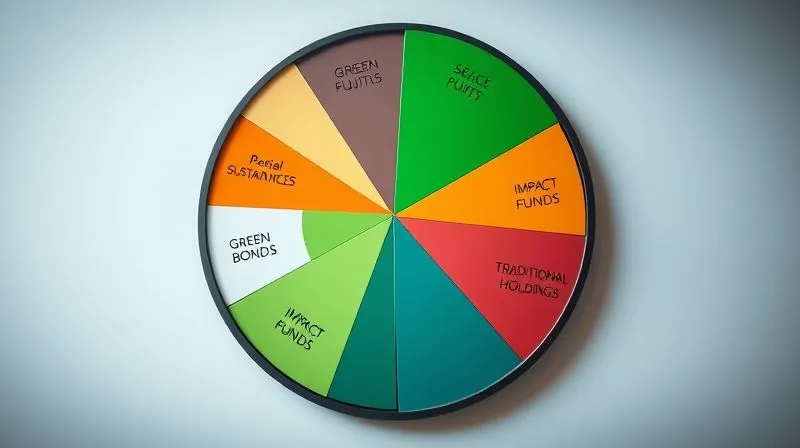 A photorealistic, professional photography, 8K, cinematic lighting, sharp focus, depth of field, shot on a high-end DSLR, depicting a circular pie chart representing a diversified investment portfolio. Each segment of the pie chart is labeled with asset classes (e.g., 'Sustainable Equities', 'Green Bonds', 'Impact Funds', 'Traditional Holdings with Strong ESG'), and some segments subtly show growth curves or positive environmental symbols. The overall impression is one of balance and strategic allocation.