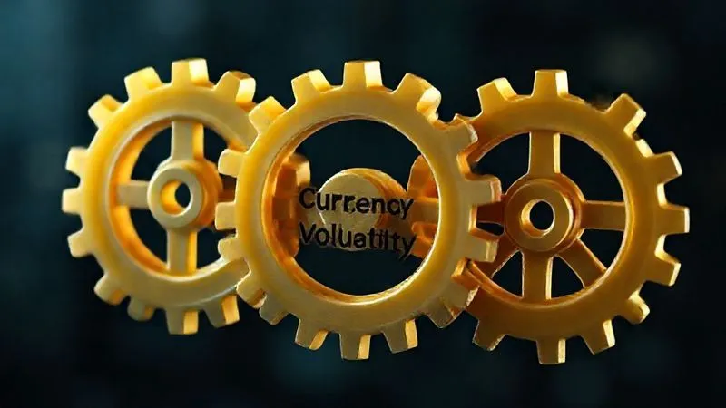 A photorealistic 3D rendering of three interconnected gears, each representing 'Transaction', 'Translation', and 'Economic' exposure, rotating around a central axis labeled 'Currency Volatility'. The gears are slightly misaligned, creating a sense of friction and challenge, with subtle digital lines of data flowing between them. Cinematic lighting, sharp focus on the gears, depth of field blurring the background, 8K hyper-detailed.