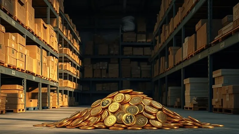 Photorealistic, professional photography, 8K, cinematic lighting, sharp focus, depth of field, shot on a high-end DSLR: A large, overflowing warehouse shelf with dusty, forgotten boxes, subtly casting a shadow over a pile of gold coins that are slowly diminishing, symbolizing the drain of capital. The mood is somber but with a hint of potential resolution. Photorealistic, professional photography, 8K, cinematic lighting, sharp focus, depth of field, shot on a high-end DSLR: A large, overflowing warehouse shelf with dusty, forgotten boxes, subtly casting a shadow over a pile of gold coins that are slowly diminishing, symbolizing the drain of capital. The mood is somber but with a hint of potential resolution.