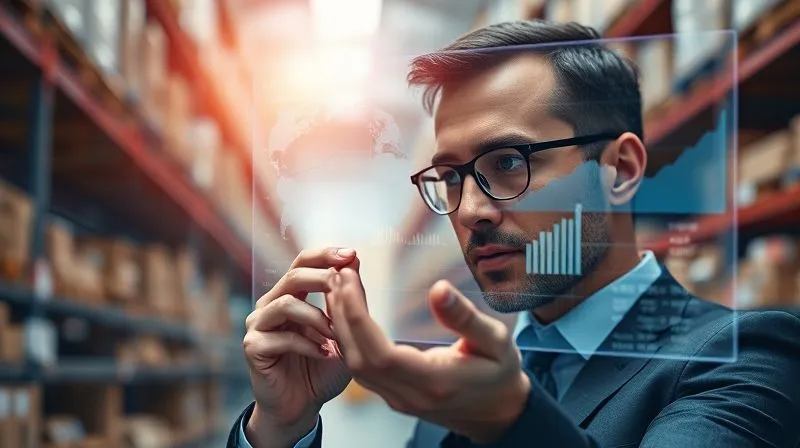 Photorealistic, professional photography, 8K, cinematic lighting, sharp focus, depth of field, shot on a high-end DSLR: A sophisticated e-commerce executive intently reviewing a holographic data display showing complex sales projections and trend lines, with a blurred warehouse background, conveying advanced analytical capabilities. Photorealistic, professional photography, 8K, cinematic lighting, sharp focus, depth of field, shot on a high-end DSLR: A sophisticated e-commerce executive intently reviewing a holographic data display showing complex sales projections and trend lines, with a blurred warehouse background, conveying advanced analytical capabilities.