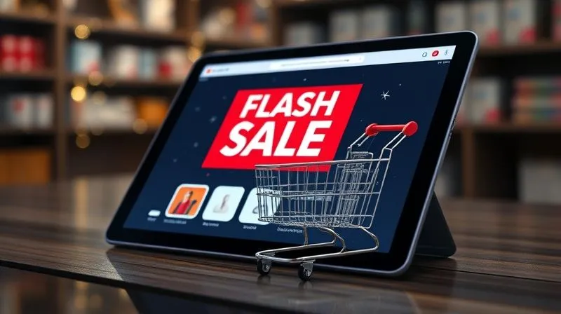 Photorealistic, professional photography, 8K, cinematic lighting, sharp focus, depth of field, shot on a high-end DSLR: A dynamic scene of an e-commerce website on a tablet displaying a "Flash Sale" banner, with products visually flying off a digital shelf into a shopping cart, surrounded by a subtle glow of freed capital in the background, conveying urgency and successful liquidation. Photorealistic, professional photography, 8K, cinematic lighting, sharp focus, depth of field, shot on a high-end DSLR: A dynamic scene of an e-commerce website on a tablet displaying a "Flash Sale" banner, with products visually flying off a digital shelf into a shopping cart, surrounded by a subtle glow of freed capital in the background, conveying urgency and successful liquidation.