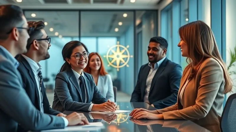 A photorealistic image of diverse business professionals in a modern office, engaged in a discussion, with an aura of transparency and trust. A subtle glowing ethical compass or integrity symbol is subtly integrated into the scene. Professional photography, 8K, cinematic lighting, sharp focus, depth of field.