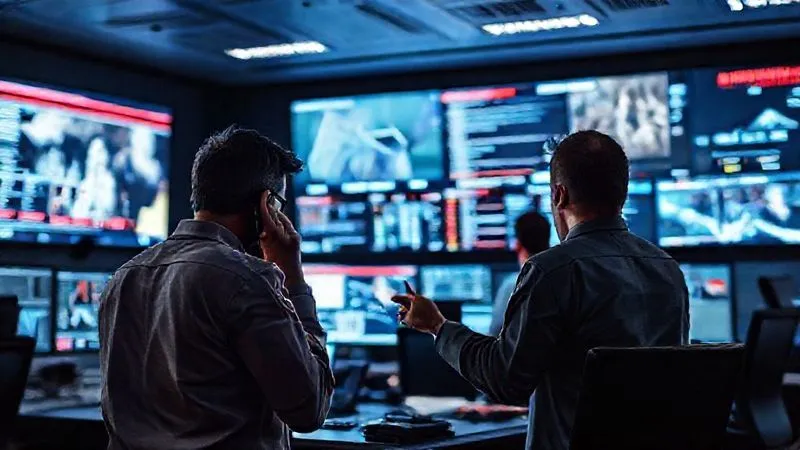 A highly focused crisis management team in a modern control room, illuminated by multiple large screens displaying data feeds and news headlines. One team member is on the phone, another is pointing at a critical alert. The atmosphere is tense but controlled, conveying urgency and professionalism. photorealistic, professional photography, 8K, cinematic lighting, sharp focus, depth of field, shot on a high-end DSLR. A highly focused crisis management team in a modern control room, illuminated by multiple large screens displaying data feeds and news headlines. One team member is on the phone, another is pointing at a critical alert. The atmosphere is tense but controlled, conveying urgency and professionalism. photorealistic, professional photography, 8K, cinematic lighting, sharp focus, depth of field, shot on a high-end DSLR.
