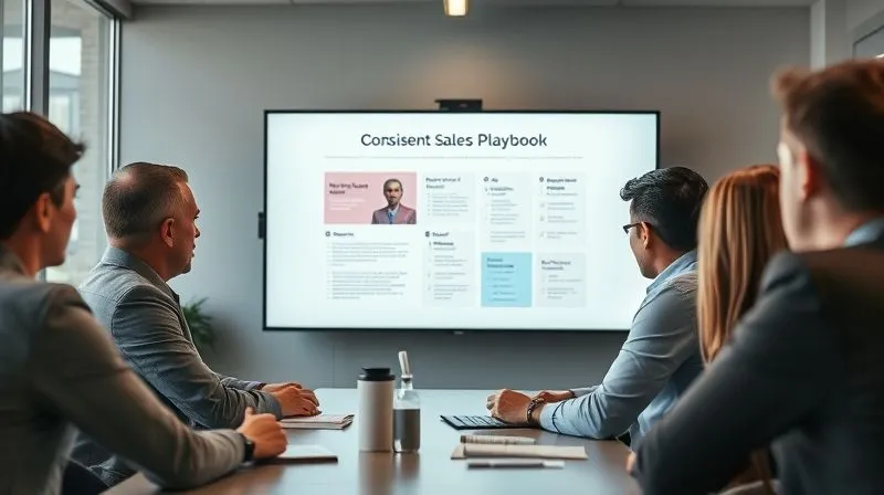 A photorealistic image of a sales team collaboratively reviewing a consistent sales playbook or messaging guide on a large screen in a modern meeting room. They are actively engaged, discussing points with a mentor-like figure. Professional photography, 8K, cinematic lighting, sharp focus on the team and screen, depth of field blurring the background, shot on a high-end DSLR, conveying team alignment and training. A photorealistic image of a sales team collaboratively reviewing a consistent sales playbook or messaging guide on a large screen in a modern meeting room. They are actively engaged, discussing points with a mentor-like figure. Professional photography, 8K, cinematic lighting, sharp focus on the team and screen, depth of field blurring the background, shot on a high-end DSLR, conveying team alignment and training.