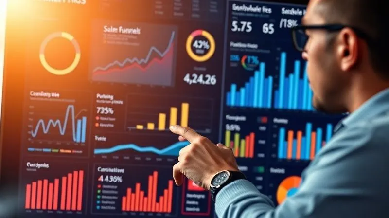 A photorealistic image of a business analyst pointing at a dynamic dashboard displaying various sales funnel metrics, conversion rates, and A/B test results. The dashboard is clean and modern, with clear data visualizations. Professional photography, 8K, cinematic lighting, sharp focus on the dashboard, depth of field blurring the background, shot on a high-end DSLR, conveying data-driven decision making and optimization.