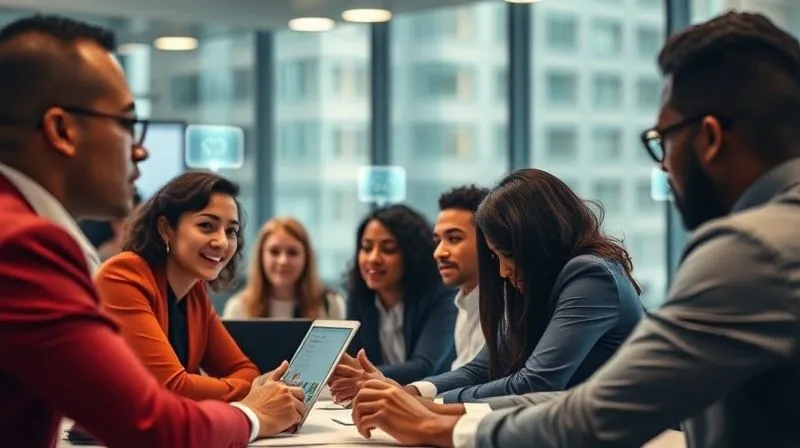 photorealistic, professional photography, 8K, cinematic lighting, sharp focus, depth of field, shot on a high-end DSLR of a diverse group of professionals in a modern office, engaging in a collaborative workshop, with subtle glowing icons above certain individuals' heads, symbolizing identified high potential. The scene conveys intelligence, teamwork, and future-oriented thinking.