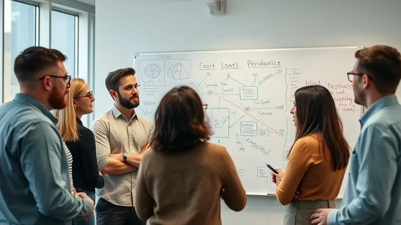 photorealistic, professional photography, 8K, cinematic lighting, sharp focus, depth of field, shot on a high-end DSLR of a diverse group of employees engaged in a lively discussion around a whiteboard covered with ideas and diagrams, in a brightly lit, modern collaborative space. The atmosphere is energetic and innovative, symbolizing continuous learning and growth.