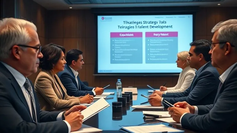 photorealistic, professional photography, 8K, cinematic lighting, sharp focus, depth of field, shot on a high-end DSLR of a diverse group of executives in a boardroom, actively listening and taking notes, with a presentation slide in the background showing a clear, concise strategy for talent development. The atmosphere is serious, engaged, and forward-thinking, symbolizing strong executive buy-in.
