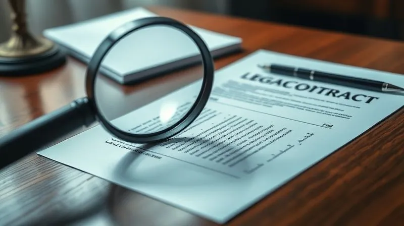 A photorealistic, professional photography image of a detailed legal contract being examined under a magnifying glass on a polished wooden desk, with a pen poised nearby. 8K, cinematic lighting, sharp focus on the contract text, depth of field blurring the background, shot on a high-end DSLR. Emphasizes scrutiny and legal review.