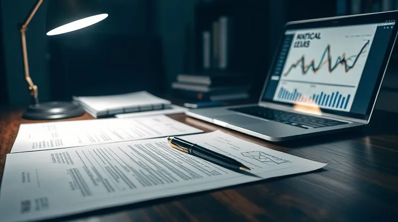 A photorealistic image of a lawyer's desk at night, illuminated by a single lamp, with legal documents, a pen, and a laptop displaying financial charts. The atmosphere is serious and focused, conveying the weight of legal action. Professional photography, 8K, cinematic lighting with strong shadows, sharp focus on the documents, depth of field blurring the background, shot on a high-end DSLR.