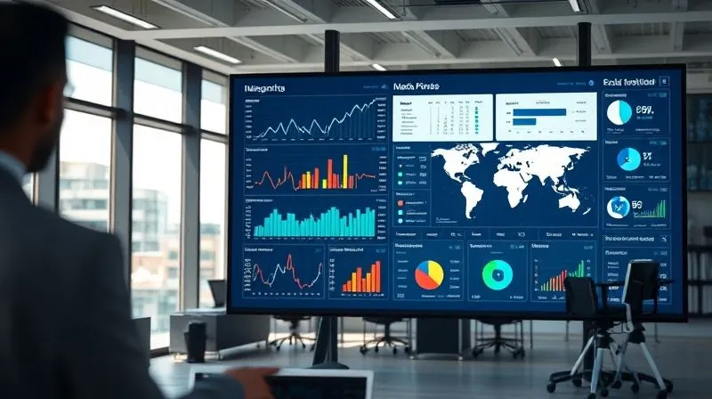 photorealistic, professional photography, 8K, cinematic lighting, sharp focus, depth of field, shot on a high-end DSLR, a dynamic and interactive data visualization dashboard displayed on a large screen in a modern office, showing interconnected graphs, charts, and maps, with a business analyst pointing to a clear trend, the dashboard's design is intuitive and clean, highlighting key performance indicators, conveying clarity and immediate understanding. photorealistic, professional photography, 8K, cinematic lighting, sharp focus, depth of field, shot on a high-end DSLR, a dynamic and interactive data visualization dashboard displayed on a large screen in a modern office, showing interconnected graphs, charts, and maps, with a business analyst pointing to a clear trend, the dashboard's design is intuitive and clean, highlighting key performance indicators, conveying clarity and immediate understanding.