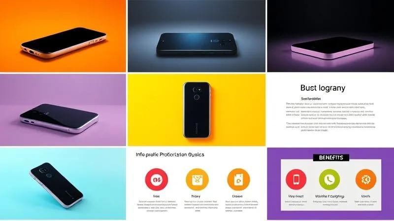photorealistic, professional photography, 8K, cinematic lighting, sharp focus, depth of field, shot on a high-end DSLR. A grid of nine high-quality, vibrant product photographs, each showcasing a different angle or feature of a sleek, modern gadget. One image is an infographic with clear, concise text highlighting benefits. The overall presentation is clean, professional, and highly appealing, emphasizing visual clarity and detail.