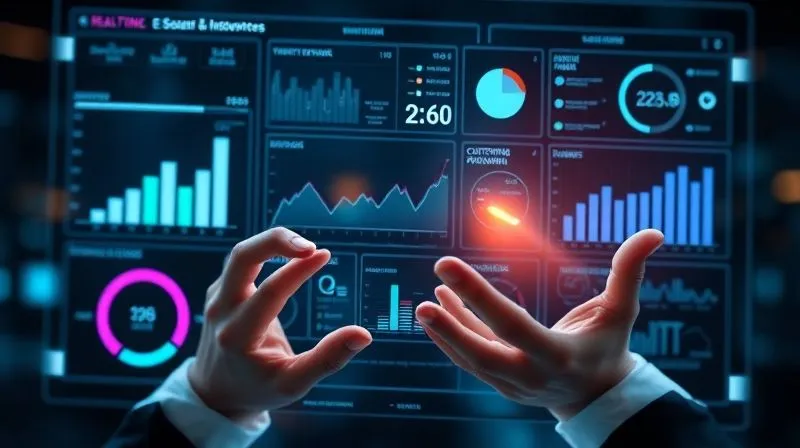 photorealistic, professional photography, 8K, cinematic lighting, sharp focus, depth of field, shot on a high-end DSLR. A futuristic, transparent dashboard displaying various e-commerce metrics: real-time sales charts, a fluctuating visibility graph, customer review scores, and inventory levels. Hands are subtly interacting with the holographic interface, emphasizing active monitoring and data analysis. The lighting is cool, digital, and professional.