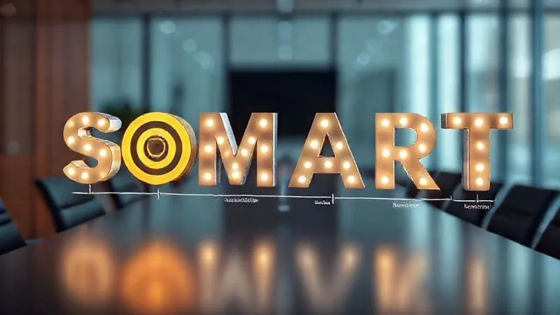 A photorealistic 3D infographic illustrating the SMART criteria for KPIs, with each letter represented by a distinct, glowing icon (e.g., a target for Specific, a ruler for Measurable), connected by subtle lines, set against a blurred background of a business meeting room. Professional photography, 8K, cinematic lighting, sharp focus on the icons, depth of field.