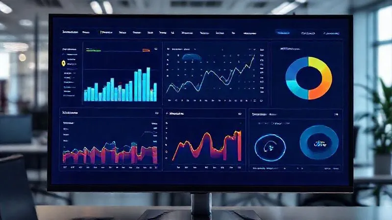 A photorealistic, sleek, modern business dashboard displayed on a large monitor, showing various interconnected charts (bar, line, and pie charts) with clear, vibrant data points. The dashboard design focuses on clean lines and intuitive information flow, with a subtle glow emanating from key performance indicators. Professional photography, 8K, cinematic lighting, sharp focus on the dashboard, depth of field blurring the background office environment.