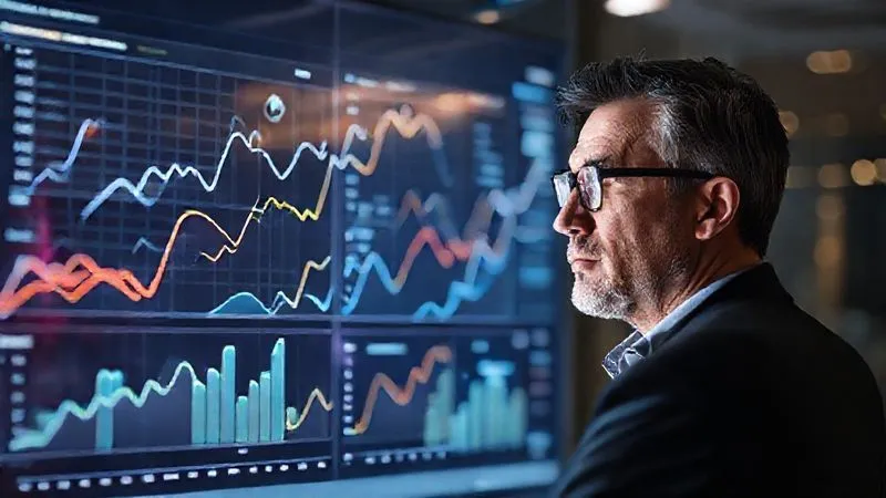 A photorealistic image of a transparent 3D projection of future trend lines and growth curves extending from a current business dashboard. The projection shimmers with predictive algorithms, showing potential pathways and decision points, set against a backdrop of a thoughtful business leader looking at the data. Professional photography, 8K, cinematic lighting, sharp focus on the projected data, depth of field.
