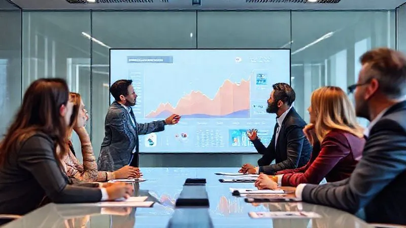 A photorealistic image of a diverse business team in a modern boardroom, actively discussing a large, interactive screen displaying a data-driven narrative. One team member points to a growth trend, while others are engaged in conversation, their expressions showing understanding and strategic thinking. Professional photography, 8K, cinematic lighting, sharp focus on the team and screen, depth of field.