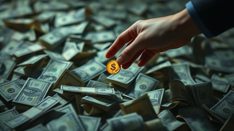 A photorealistic, professional photography, 8K, cinematic lighting, sharp focus, depth of field, shot on a high-end DSLR, of a hand reaching for a single, glowing dollar coin amidst a chaotic, shadowy pile of bills, symbolizing a desperate search for immediate liquidity.