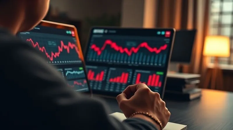A photorealistic, professional photography, 8K, cinematic lighting, sharp focus, depth of field, shot on a high-end DSLR, of a person in a dimly lit office, intensely focused on a laptop screen displaying a complex financial dashboard with red downward trends, hands clenching in stress, representing the pressure of managing a startup's finances.