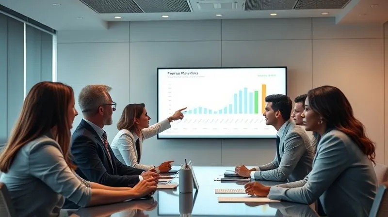 A photorealistic, professional photography, 8K, cinematic lighting, sharp focus, depth of field, shot on a high-end DSLR, of a group of diverse professionals in a modern, well-lit conference room, intensely reviewing a financial projection on a large screen, with one person pointing to a critical line, symbolizing strategic financial planning and investor communication.