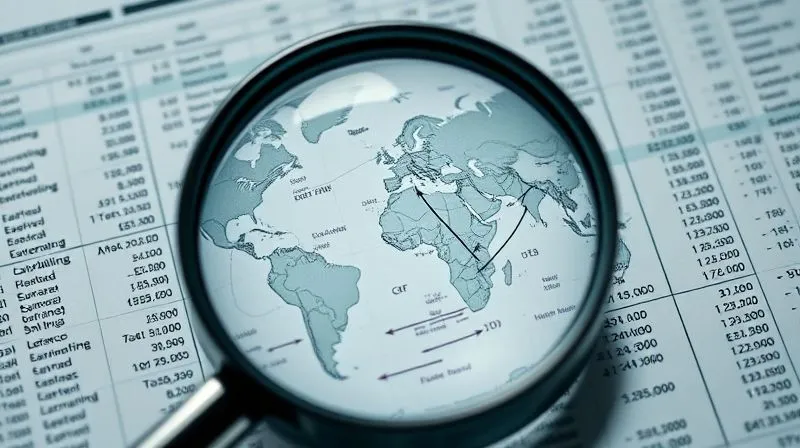 A photorealistic image of a complex financial ledger, with various global currencies and intertwined arrows representing international money flows, under a magnifying glass. The lighting is crisp, highlighting the intricate details of figures and symbols, suggesting meticulous scrutiny of financial transactions. 8K, cinematic lighting, sharp focus, depth of field, shot on a high-end DSLR. A photorealistic image of a complex financial ledger, with various global currencies and intertwined arrows representing international money flows, under a magnifying glass. The lighting is crisp, highlighting the intricate details of figures and symbols, suggesting meticulous scrutiny of financial transactions. 8K, cinematic lighting, sharp focus, depth of field, shot on a high-end DSLR.