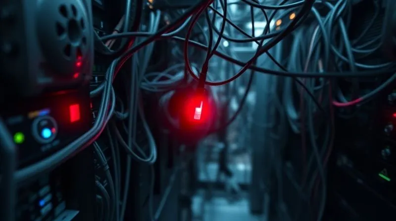 A photorealistic image depicting a complex, tangled network of data cables and servers, with a single broken connection point emitting a red glow, symbolizing system failure under pressure. Cinematic lighting, sharp focus on the broken connection, depth of field blurring the background. 8K hyper-detailed, professional photography, shot on a high-end DSLR.