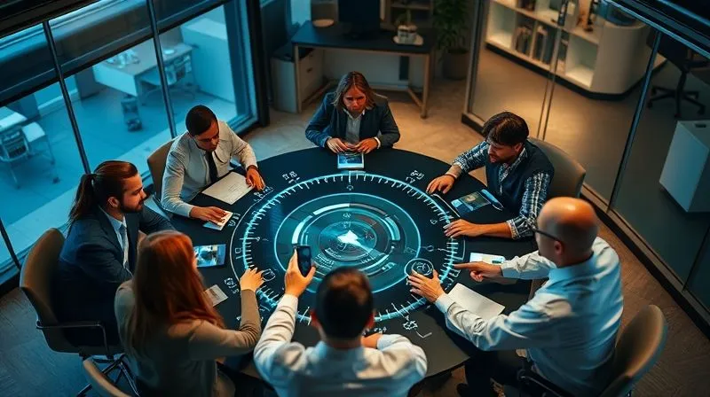 A photorealistic image of a circular team meeting table with diverse professionals actively collaborating, pointing at a central holographic display showing a streamlined workflow diagram. The atmosphere is intense but focused, with cinematic lighting and sharp focus on the team, depth of field blurring the office background. 8K hyper-detailed, professional photography, shot on a high-end DSLR.