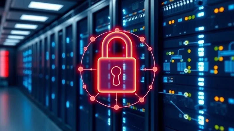 A photorealistic image of a secure, modern data center with glowing server racks, featuring a padlock icon superimposed over a network diagram, symbolizing robust security and redundancy. Cinematic lighting, sharp focus on the server racks, depth of field blurring the background. 8K hyper-detailed, professional photography, shot on a high-end DSLR.