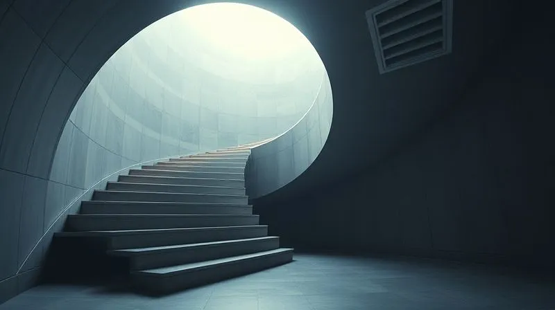 A photorealistic image of a spiral staircase ascending towards a bright light, symbolizing continuous improvement and learning from past experiences. The staircase is sleek and modern, with cinematic lighting and sharp focus, depth of field blurring the distant walls. 8K hyper-detailed, professional photography, shot on a high-end DSLR.