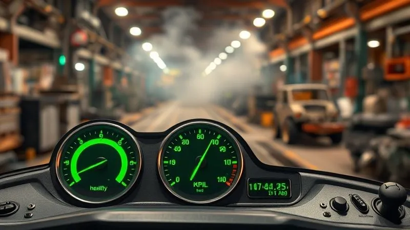 A photorealistic image of a dashboard with several green, 'healthy' KPI dials, but in the background, a blurred, chaotic factory floor scene with smoke and broken machinery. Cinematic lighting, 8K, sharp focus on the dashboard, depth of field. Professional photography. A photorealistic image of a dashboard with several green, 'healthy' KPI dials, but in the background, a blurred, chaotic factory floor scene with smoke and broken machinery. Cinematic lighting, 8K, sharp focus on the dashboard, depth of field. Professional photography.