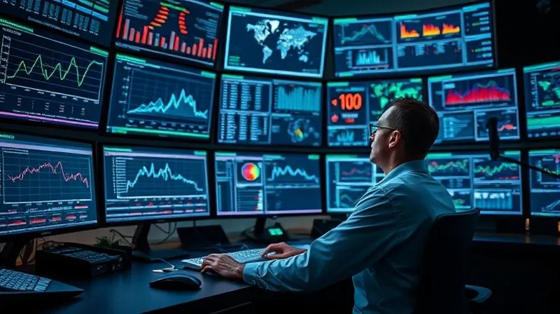 A photorealistic image of a data scientist working in a control room, surrounded by multiple screens displaying complex graphs, real-time data streams, and predictive models. The overall impression is one of deep analysis and proactive problem-solving. Cinematic lighting, 8K, sharp focus on the data, depth of field. Professional photography. A photorealistic image of a data scientist working in a control room, surrounded by multiple screens displaying complex graphs, real-time data streams, and predictive models. The overall impression is one of deep analysis and proactive problem-solving. Cinematic lighting, 8K, sharp focus on the data, depth of field. Professional photography.