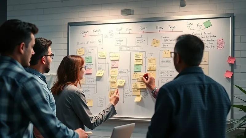 A photorealistic image of a team collaborating around a whiteboard covered with flowcharts and sticky notes, actively mapping out a process and highlighting areas of friction. The atmosphere is engaged and problem-solving focused. Cinematic lighting, 8K, sharp focus on the whiteboard, depth of field. Professional photography. A photorealistic image of a team collaborating around a whiteboard covered with flowcharts and sticky notes, actively mapping out a process and highlighting areas of friction. The atmosphere is engaged and problem-solving focused. Cinematic lighting, 8K, sharp focus on the whiteboard, depth of field. Professional photography.