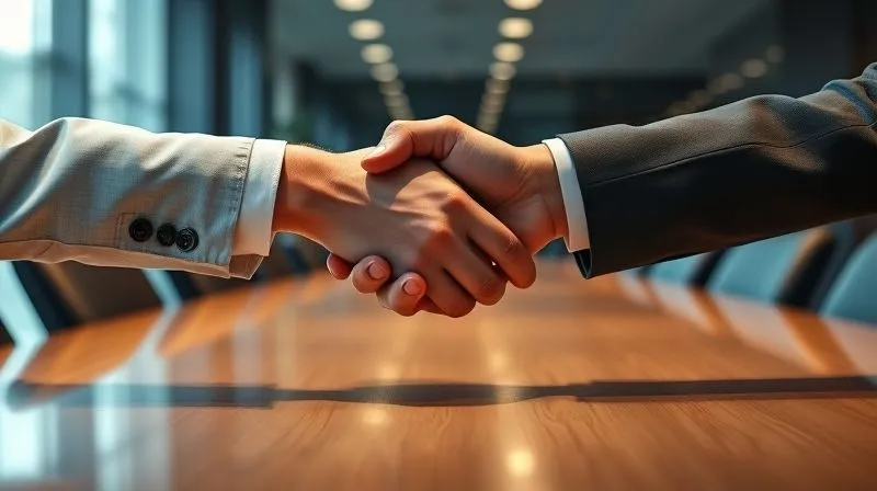 A photorealistic close-up of two professional hands shaking firmly across a polished conference table, with a subtle glow around the handshake symbolizing a closed deal. The background is a modern office, softly blurred. Cinematic lighting, 8K, sharp focus on the hands, depth of field, shot on a high-end DSLR. A photorealistic close-up of two professional hands shaking firmly across a polished conference table, with a subtle glow around the handshake symbolizing a closed deal. The background is a modern office, softly blurred. Cinematic lighting, 8K, sharp focus on the hands, depth of field, shot on a high-end DSLR.