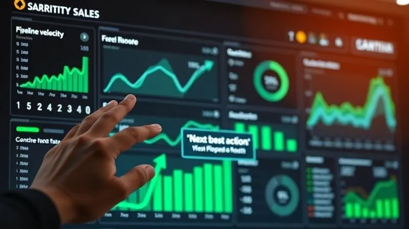 A photorealistic image of a futuristic dashboard displaying complex sales metrics: pipeline velocity charts, conversion rates with green arrows, and a clear, actionable "next best action" prompt highlighted. The screen should be sleek and modern, with a sales professional's hands lightly hovering over a holographic interface. Cinematic lighting, 8K, sharp focus on the data, depth of field, shot on a high-end DSLR. A photorealistic image of a futuristic dashboard displaying complex sales metrics: pipeline velocity charts, conversion rates with green arrows, and a clear, actionable "next best action" prompt highlighted. The screen should be sleek and modern, with a sales professional's hands lightly hovering over a holographic interface. Cinematic lighting, 8K, sharp focus on the data, depth of field, shot on a high-end DSLR.