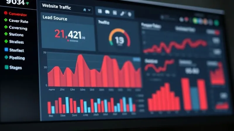 A photorealistic 3D dashboard displaying various marketing KPIs like website traffic, conversion rates, lead source performance, and sales pipeline stages. The charts show a clear downward trend in lead volume, highlighted in red, with an urgent, analytical expression. Cinematic lighting, sharp focus, depth of field, 8K hyper-detailed, shot on a high-end DSLR. A photorealistic 3D dashboard displaying various marketing KPIs like website traffic, conversion rates, lead source performance, and sales pipeline stages. The charts show a clear downward trend in lead volume, highlighted in red, with an urgent, analytical expression. Cinematic lighting, sharp focus, depth of field, 8K hyper-detailed, shot on a high-end DSLR.