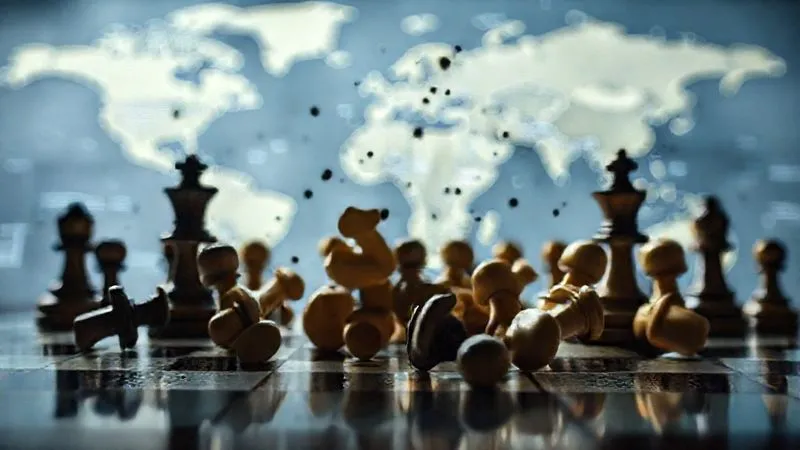 A photorealistic image of a chessboard from a low angle, with pieces scattered and overturned by an unseen, chaotic force, representing disruption and unpredictability in global markets. The background is a blurry map of the world, cinematic lighting, sharp focus on the scattered pieces, depth of field, 8K hyper-detailed, professional photography, shot on a high-end DSLR. A photorealistic image of a chessboard from a low angle, with pieces scattered and overturned by an unseen, chaotic force, representing disruption and unpredictability in global markets. The background is a blurry map of the world, cinematic lighting, sharp focus on the scattered pieces, depth of field, 8K hyper-detailed, professional photography, shot on a high-end DSLR.