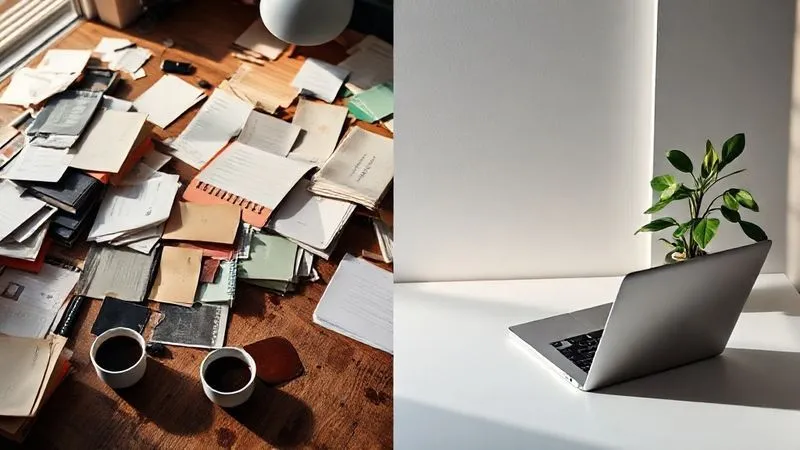 photorealistic, professional photography, 8K, cinematic lighting, sharp focus, depth of field, shot on a high-end DSLR, a split image: on one side, a chaotic desk with multiple open tabs and coffee stains, representing an unstructured day; on the other side, a minimalist, organized workspace with a single laptop and a plant, bathed in soft morning light, representing a structured, calm day. The contrast should be stark, emotionally resonant. photorealistic, professional photography, 8K, cinematic lighting, sharp focus, depth of field, shot on a high-end DSLR, a split image: on one side, a chaotic desk with multiple open tabs and coffee stains, representing an unstructured day; on the other side, a minimalist, organized workspace with a single laptop and a plant, bathed in soft morning light, representing a structured, calm day. The contrast should be stark, emotionally resonant.