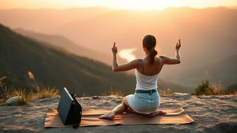 photorealistic, professional photography, 8K, cinematic lighting, sharp focus, depth of field, shot on a high-end DSLR, a female digital nomad in a serene pose, practicing yoga on a mat overlooking a beautiful mountain vista at sunrise, her laptop bag neatly placed beside her, symbolizing balance between work and well-being, the light is soft and golden, emotionally resonant. photorealistic, professional photography, 8K, cinematic lighting, sharp focus, depth of field, shot on a high-end DSLR, a female digital nomad in a serene pose, practicing yoga on a mat overlooking a beautiful mountain vista at sunrise, her laptop bag neatly placed beside her, symbolizing balance between work and well-being, the light is soft and golden, emotionally resonant.