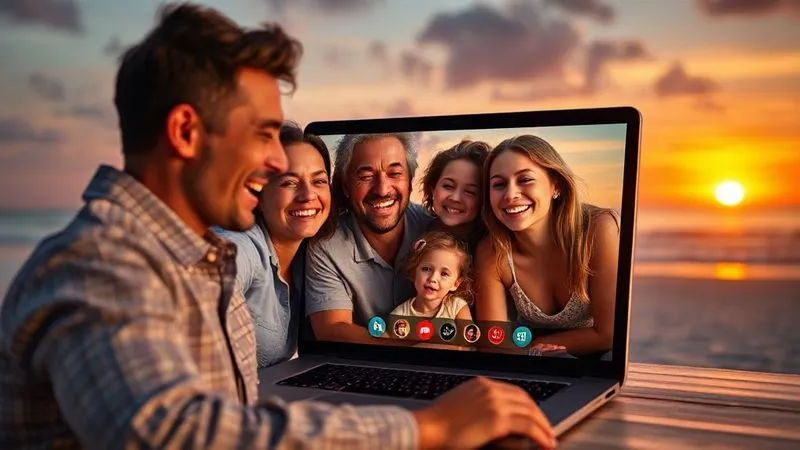 photorealistic, professional photography, 8K, cinematic lighting, sharp focus, depth of field, shot on a high-end DSLR, a vibrant, happy digital nomad on a video call with their family, laughing, with a stunning, exotic beach sunset in the background, the laptop screen clearly showing smiling family faces, symbolizing connection and joy despite geographical distance, emotionally resonant. photorealistic, professional photography, 8K, cinematic lighting, sharp focus, depth of field, shot on a high-end DSLR, a vibrant, happy digital nomad on a video call with their family, laughing, with a stunning, exotic beach sunset in the background, the laptop screen clearly showing smiling family faces, symbolizing connection and joy despite geographical distance, emotionally resonant.
