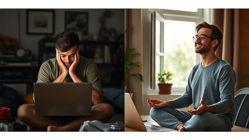 photorealistic, professional photography, 8K, cinematic lighting, sharp focus, depth of field, shot on a high-end DSLR, a dual image. On the left: a digital nomad with a laptop, head in hands, looking stressed and exhausted in a dimly lit room, cluttered with travel gear. On the right: the same digital nomad, now smiling serenely, meditating by an open window with natural light, a fresh plant on the table, symbolizing the journey from burnout to peace, emotionally resonant. photorealistic, professional photography, 8K, cinematic lighting, sharp focus, depth of field, shot on a high-end DSLR, a dual image. On the left: a digital nomad with a laptop, head in hands, looking stressed and exhausted in a dimly lit room, cluttered with travel gear. On the right: the same digital nomad, now smiling serenely, meditating by an open window with natural light, a fresh plant on the table, symbolizing the journey from burnout to peace, emotionally resonant.