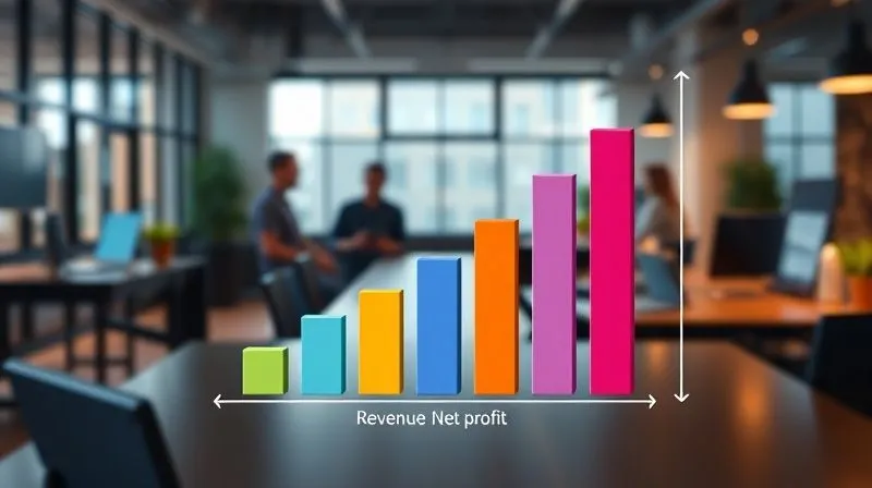 A photorealistic 3D bar chart showing a sharp increase in 'Revenue' but a much smaller, almost flat line for 'Net Profit' below it, highlighting the disconnect. The bars are vibrant and modern, set against a blurred background of a busy startup office. Cinematic lighting, sharp focus on the chart, depth of field, 8K hyper-detailed, professional photography, shot on a high-end DSLR.