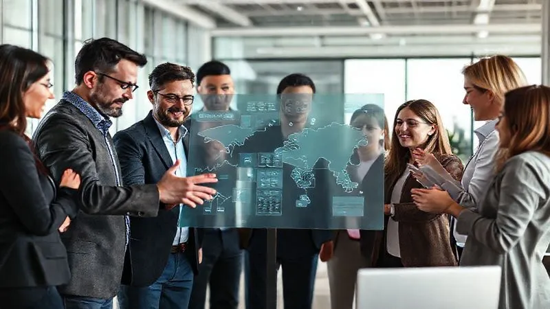 A photorealistic image of a diverse team of professionals collaboratively working around a large, interactive digital display, with each member actively contributing and gesturing towards different parts of a complex project plan. Their expressions are engaged and focused, conveying a sense of shared purpose and empowerment. The background is a modern, light-filled office. 8K, cinematic lighting, sharp focus, depth of field. A photorealistic image of a diverse team of professionals collaboratively working around a large, interactive digital display, with each member actively contributing and gesturing towards different parts of a complex project plan. Their expressions are engaged and focused, conveying a sense of shared purpose and empowerment. The background is a modern, light-filled office. 8K, cinematic lighting, sharp focus, depth of field.