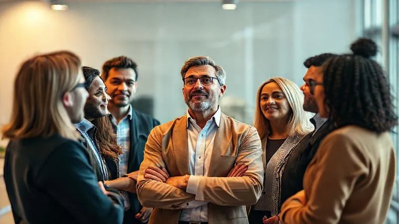 A photorealistic image of a diverse group of professionals standing in a circle, looking up at a central figure who is speaking with an empathetic and determined expression. The leader's stance is open and reassuring, and the team members show signs of engagement and trust. The setting is a modern, collaborative workspace with soft, warm lighting. 8K, cinematic lighting, sharp focus, depth of field. A photorealistic image of a diverse group of professionals standing in a circle, looking up at a central figure who is speaking with an empathetic and determined expression. The leader's stance is open and reassuring, and the team members show signs of engagement and trust. The setting is a modern, collaborative workspace with soft, warm lighting. 8K, cinematic lighting, sharp focus, depth of field.