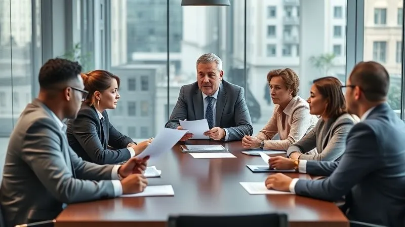 A photorealistic image of a diverse senior leadership team engaged in a dynamic, inclusive discussion around a modern conference table. The central leader is actively listening and facilitating, ensuring all voices are heard, with visual cues of cross-cultural understanding (e.g., shared documents, respectful body language). Cinematic lighting, sharp focus, depth of field, 8K, professional photography, shot on a high-end DSLR.