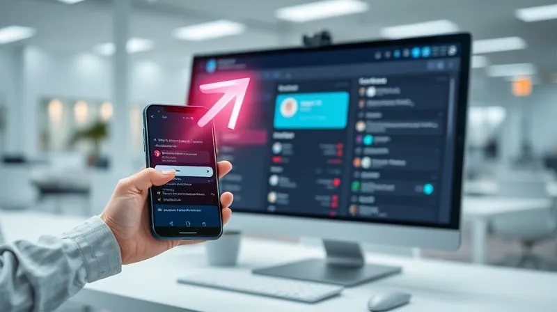 Photorealistic, professional photography, 8K, cinematic lighting, sharp focus, depth of field, shot on a high-end DSLR. A dynamic, glowing digital arrow seamlessly flowing from a smartphone screen (representing a chatbot interaction) to a computer monitor displaying a live agent's dashboard, with customer data automatically populating the fields. The background is a modern, clean customer service center, conveying efficiency. Photorealistic, professional photography, 8K, cinematic lighting, sharp focus, depth of field, shot on a high-end DSLR. A dynamic, glowing digital arrow seamlessly flowing from a smartphone screen (representing a chatbot interaction) to a computer monitor displaying a live agent's dashboard, with customer data automatically populating the fields. The background is a modern, clean customer service center, conveying efficiency.