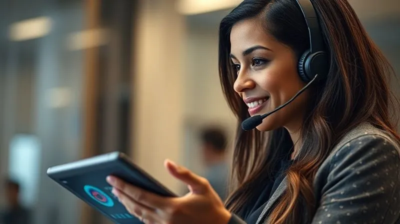 Photorealistic, professional photography, 8K, cinematic lighting, sharp focus, depth of field, shot on a high-end DSLR. A customer service agent, with a warm, understanding expression, attentively listening to a customer on a headset. The agent's hand is gently resting on a tablet displaying unified customer data, symbolizing seamless information access combined with human empathy. Soft, warm lighting emphasizes connection and trust. Photorealistic, professional photography, 8K, cinematic lighting, sharp focus, depth of field, shot on a high-end DSLR. A customer service agent, with a warm, understanding expression, attentively listening to a customer on a headset. The agent's hand is gently resting on a tablet displaying unified customer data, symbolizing seamless information access combined with human empathy. Soft, warm lighting emphasizes connection and trust.