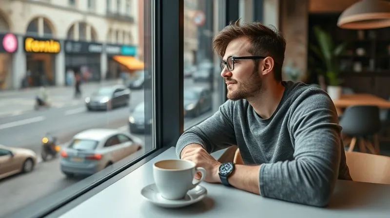 A digital nomad comfortably settled in a beautifully designed co-working space in a vibrant city, a cup of coffee on their desk, looking relaxed and focused. The window shows a bustling street scene, but the focus is on the calm interior. photorealistic, professional photography, 8K, cinematic lighting, sharp focus on the person and their relaxed demeanor, depth of field blurring the background, shot on a high-end DSLR.