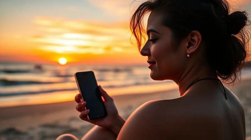 A digital nomad enjoying a vibrant sunset on a quiet beach, their smartphone placed face down beside them, looking out at the horizon with a serene expression. The focus is on their relaxed posture and the beauty of the natural environment. photorealistic, professional photography, 8K, cinematic lighting, sharp focus on the person and the sunset, depth of field blurring the distant ocean, shot on a high-end DSLR.